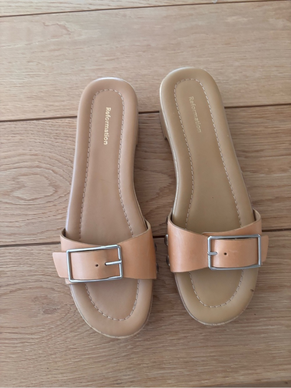 Reformation Tan Leather Buckle Slide Sandals with Silver Hardware